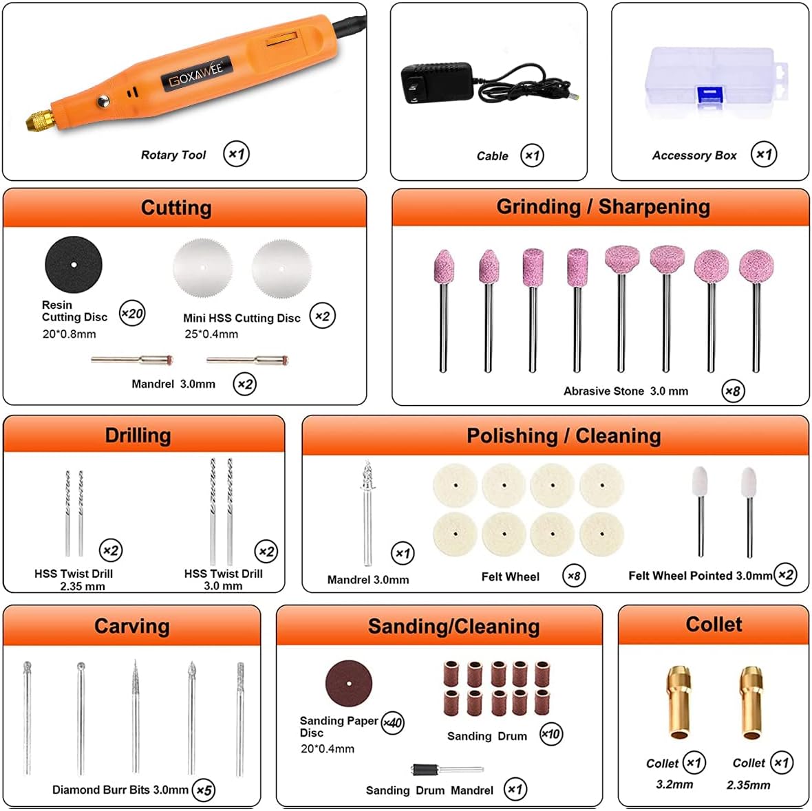 GOXAWEE 24V Mini Rotary Tool, Corded Rotary Tool with 105pcs Accessories, 18000rpm Multi-Purpose Power Rotary Tool for Handmade Crafting and DIY Creations.(Vibrant Orange)