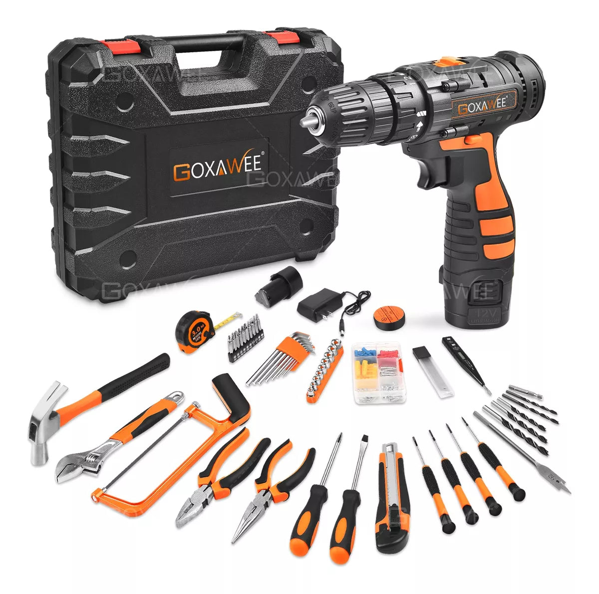 GOXAWEE Tool Kit with Electric Cordless Drill, 112-Piece Household Tool Set with Storage Case, for General Home/Auto Repair and DIY Project