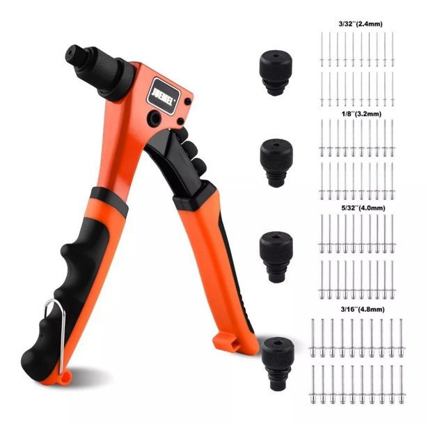 JUEMEL 8" Rivet Gun Kit with 80 Pcs Rivets, 4 In 1 Hand Riveter, 4 Tool-Free Interchangeable Heads, Heavy Duty Single Hand Riveter for Plastic, Metal, Leather