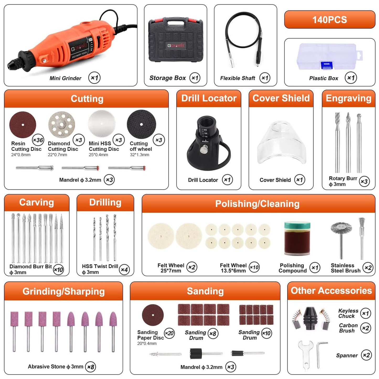 GOXAWEE Adjustable Power Rotary Tool, 30000 RPM 5 Speed, 130W, 110-120V, 140 Piece, G4007Y