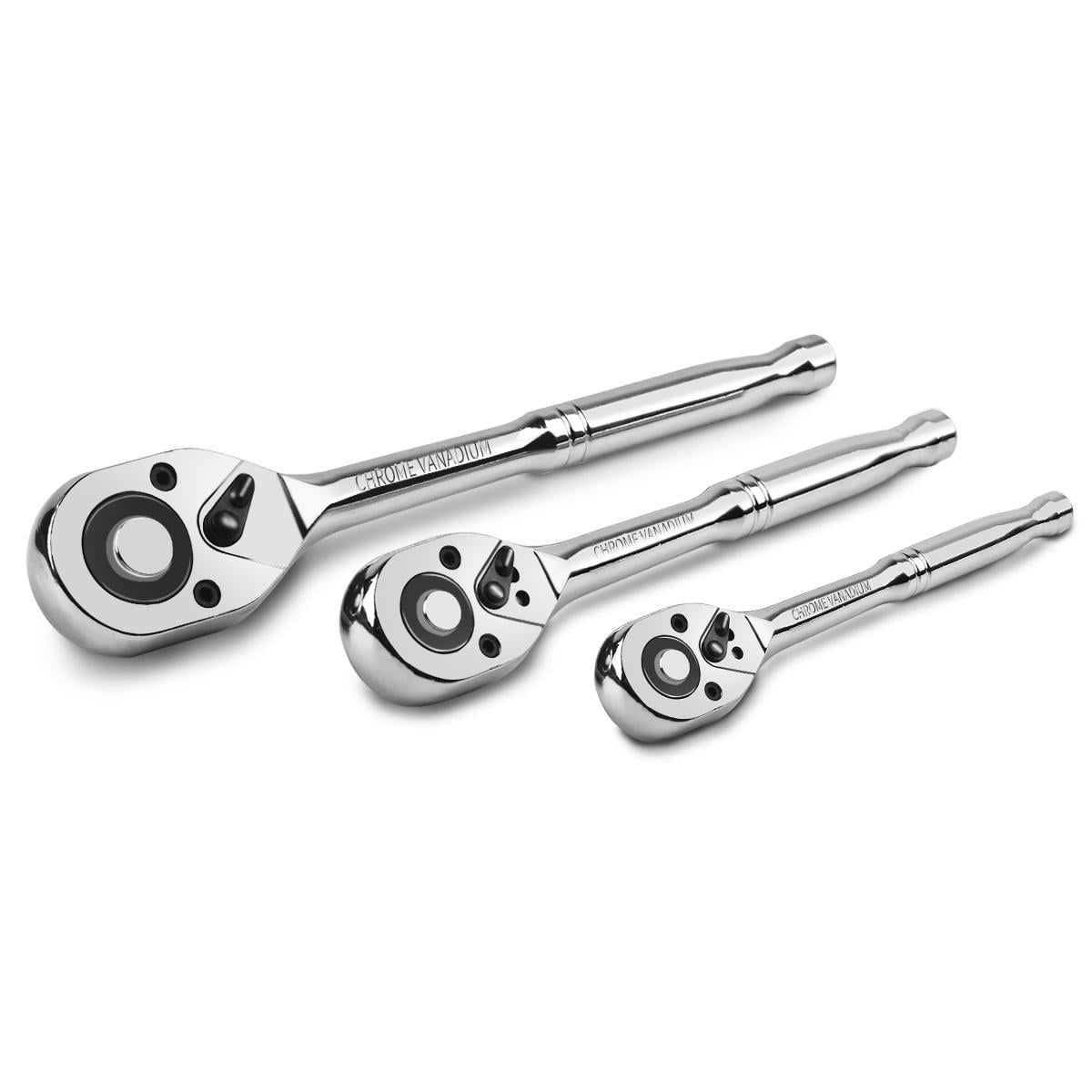 GOXAWEE 3Pcs 1/2", 3/8", 1/4" Drive 72-Tooth Quick-Release Ratchet Set, Full-Polished Chrome Solid Handle