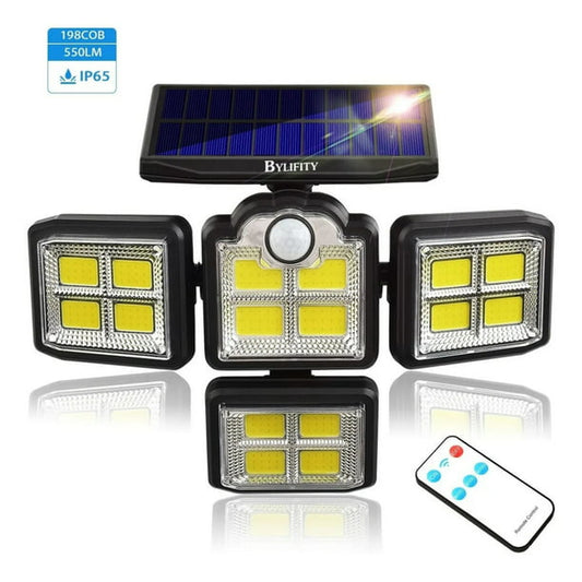 BYLIFITY Solar Lights Outdoor, 198COB 550LM Motion Sensor Lights with Wireless Remote Control, Waterproof 4 Heads Solar Flood Lights, Security Lights, for Garage/Garden/Patio