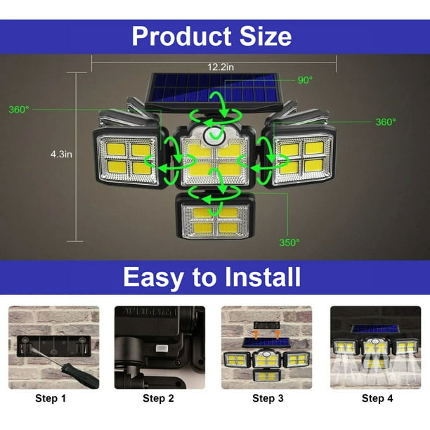 BYLIFITY Solar Lights Outdoor, 198COB 550LM Motion Sensor Lights with Wireless Remote Control, Waterproof 4 Heads Solar Flood Lights, Security Lights, for Garage/Garden/Patio