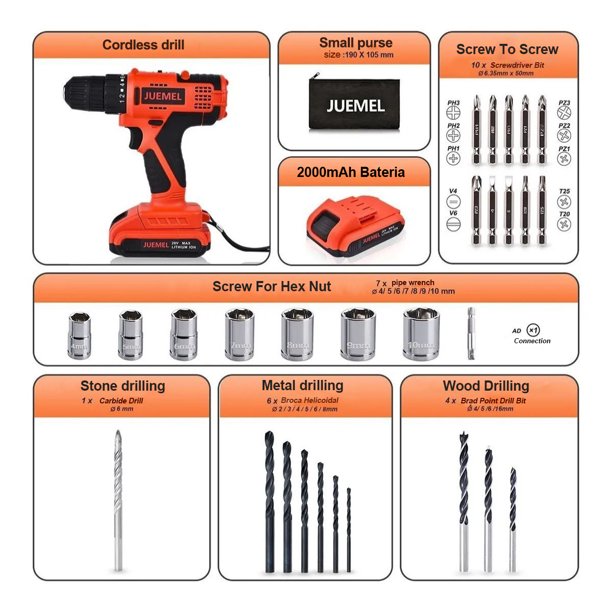 JUEMEL 20V Cordless Drill Driver with 27Pcs Accessories, Electric Power Drill Set - Variable Speed Trigger, 3/8'' Keyless Chuck and 2000mAh Lithium-Ion Battery