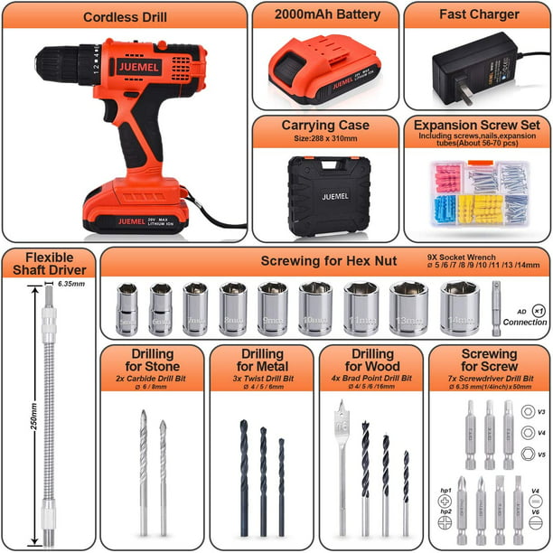 Juemel 20V Cordless Drill Driver with 100Pcs Accessories