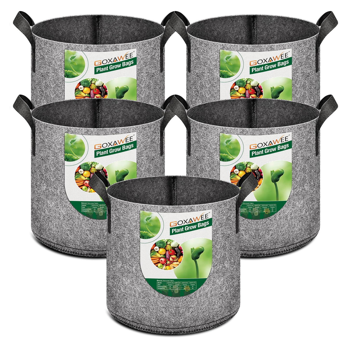 5-Pack Gallon Plant Grow Bags, GOXAWEE Thichkened Non-Woven Aeration Fabric Pots with Handles Gray