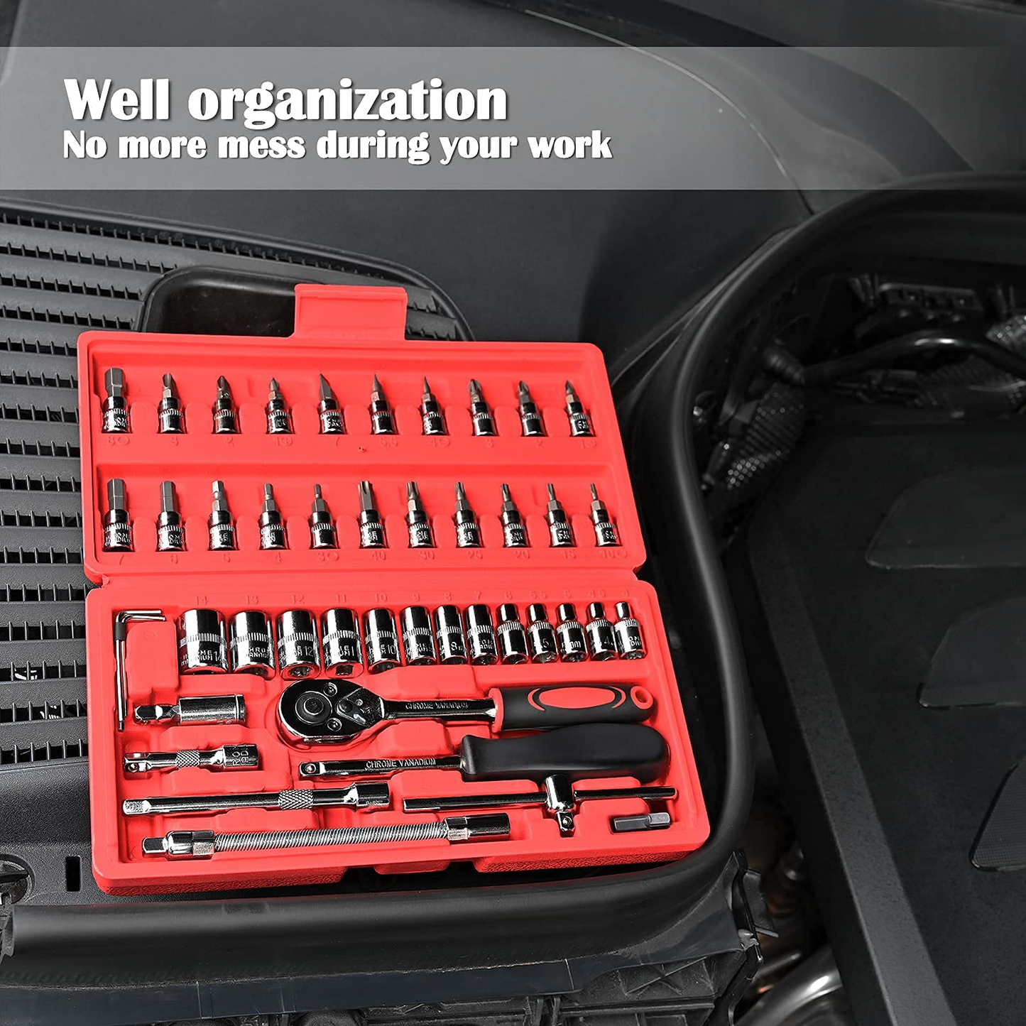 GOXAWEE 46 Pieces 1/4 inch Drive Socket Ratchet Wrench Set